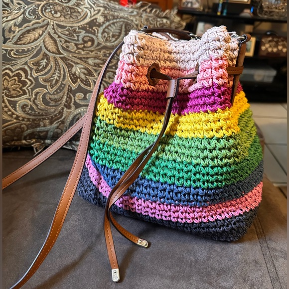 Lauren Ralph Lauren Crochet Straw Debby Drawstring Colorful Crossbody Bucket Bag - Picture 3 of 12